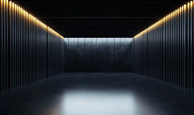 Empty minimalist corridor with vertical black wall panels and warm strip lights along the ceiling reflecting on the floor.