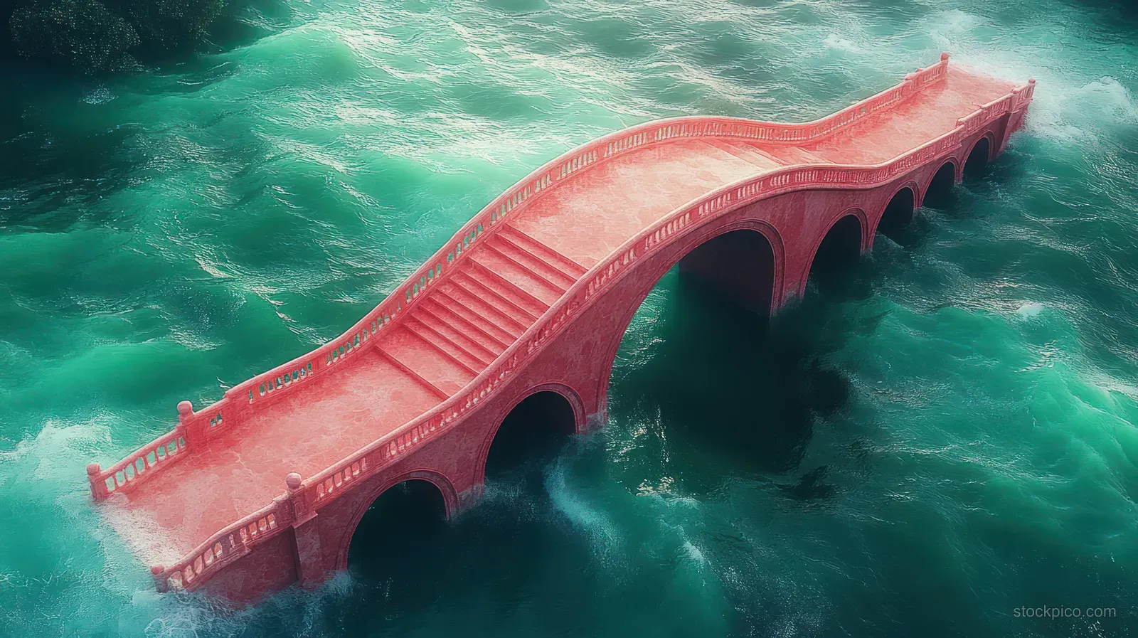 Aerial view of a pink bridge crossing green water with visible arches and wave reflections.