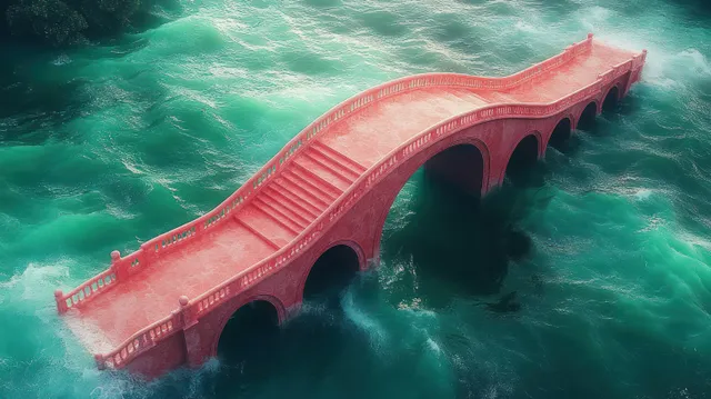 Aerial view of a pink bridge arcing over green water with rippling reflections