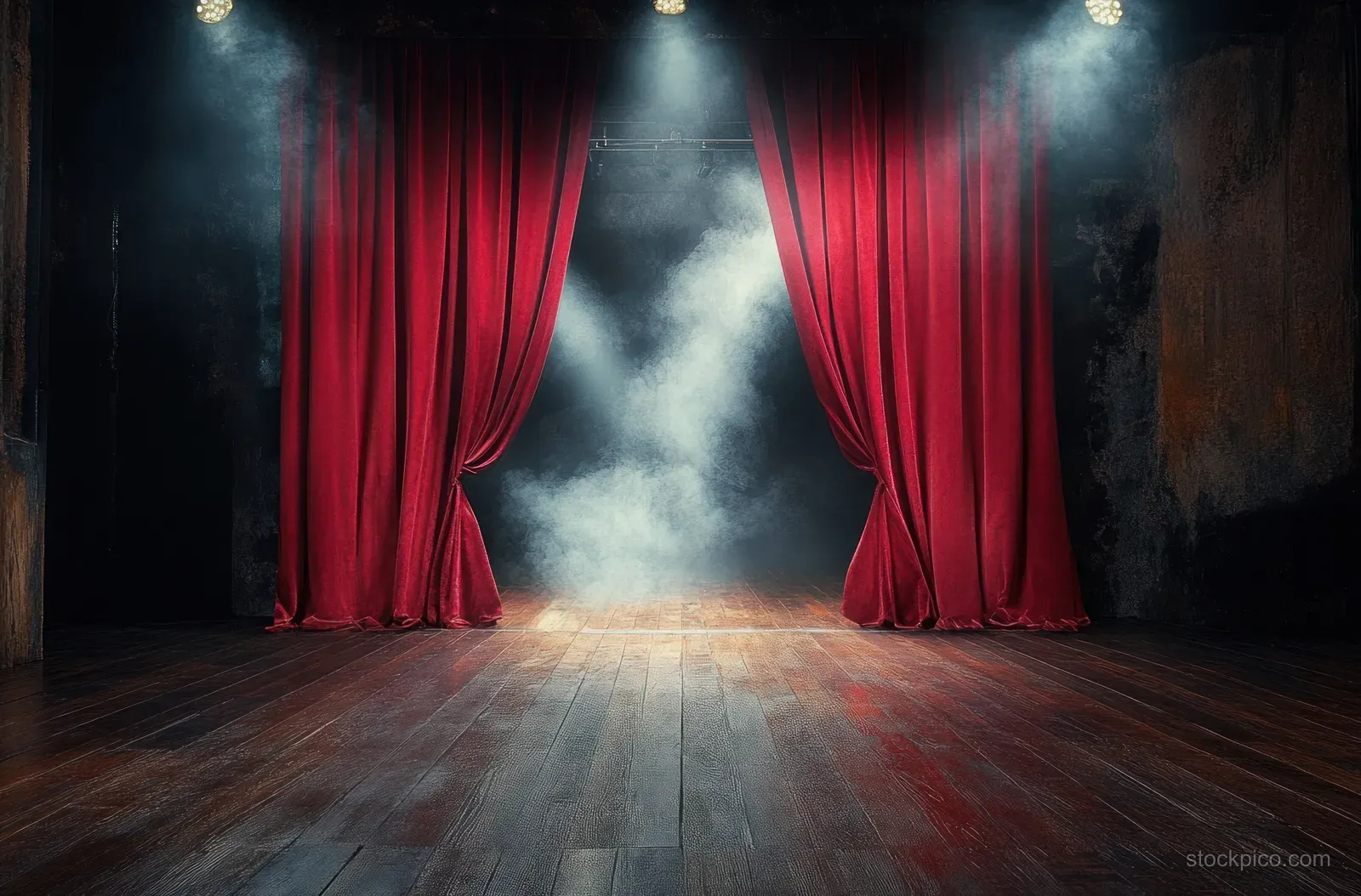Red velvet curtains open onto a foggy theater stage under warm spotlights.