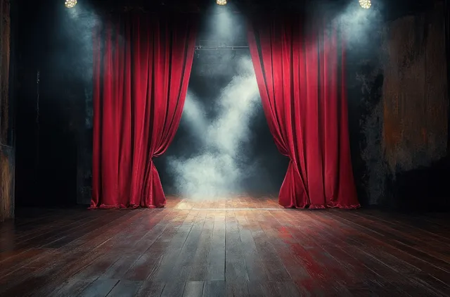 Red velvet curtains open onto a foggy theater stage under warm spotlights.