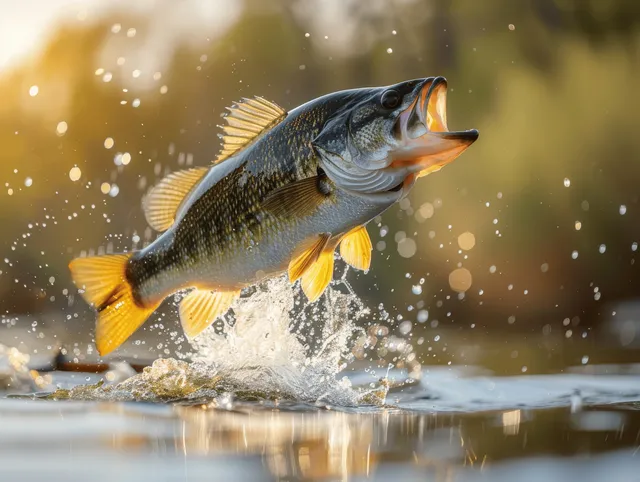 Largemouth bass leaps from lake water at sunset, creating splashes and droplets against a soft bokeh shoreline.
