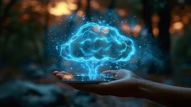 Hand holding glowing blue cloud data node with futuristic network wireframe background
