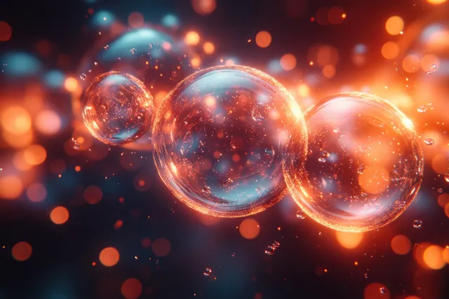Glowing futuristic molecular spheres float above a dark skin-cell inspired background with sparkling bokeh particles.