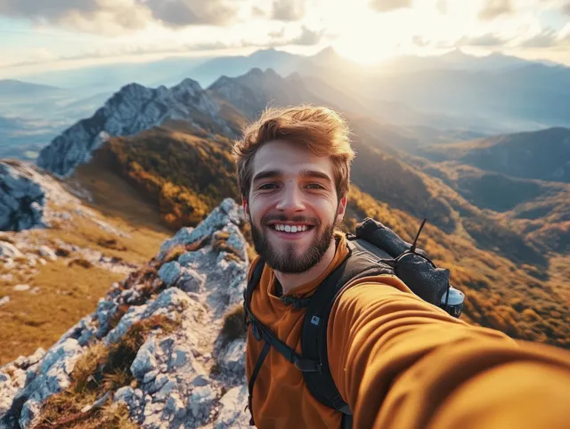 A smiling hiker takes a selfie on a rocky mountain ridge at sunset with distant mountain peaks in view.
