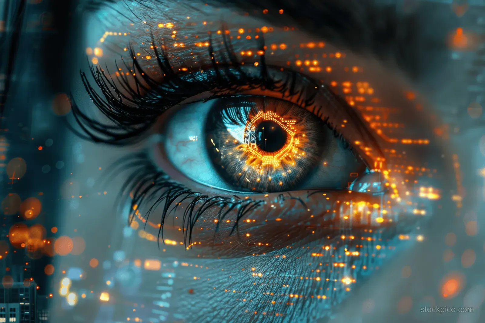 Close-up of a glowing eye with holographic scan data over a blurred city lights background.