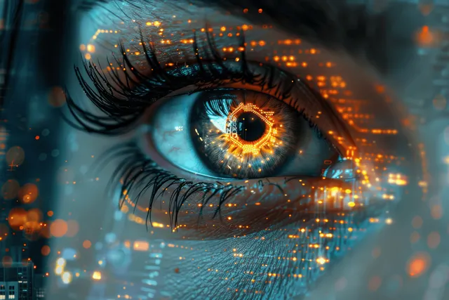 Close-up of a glowing eye with holographic scan data over a blurred city lights background.