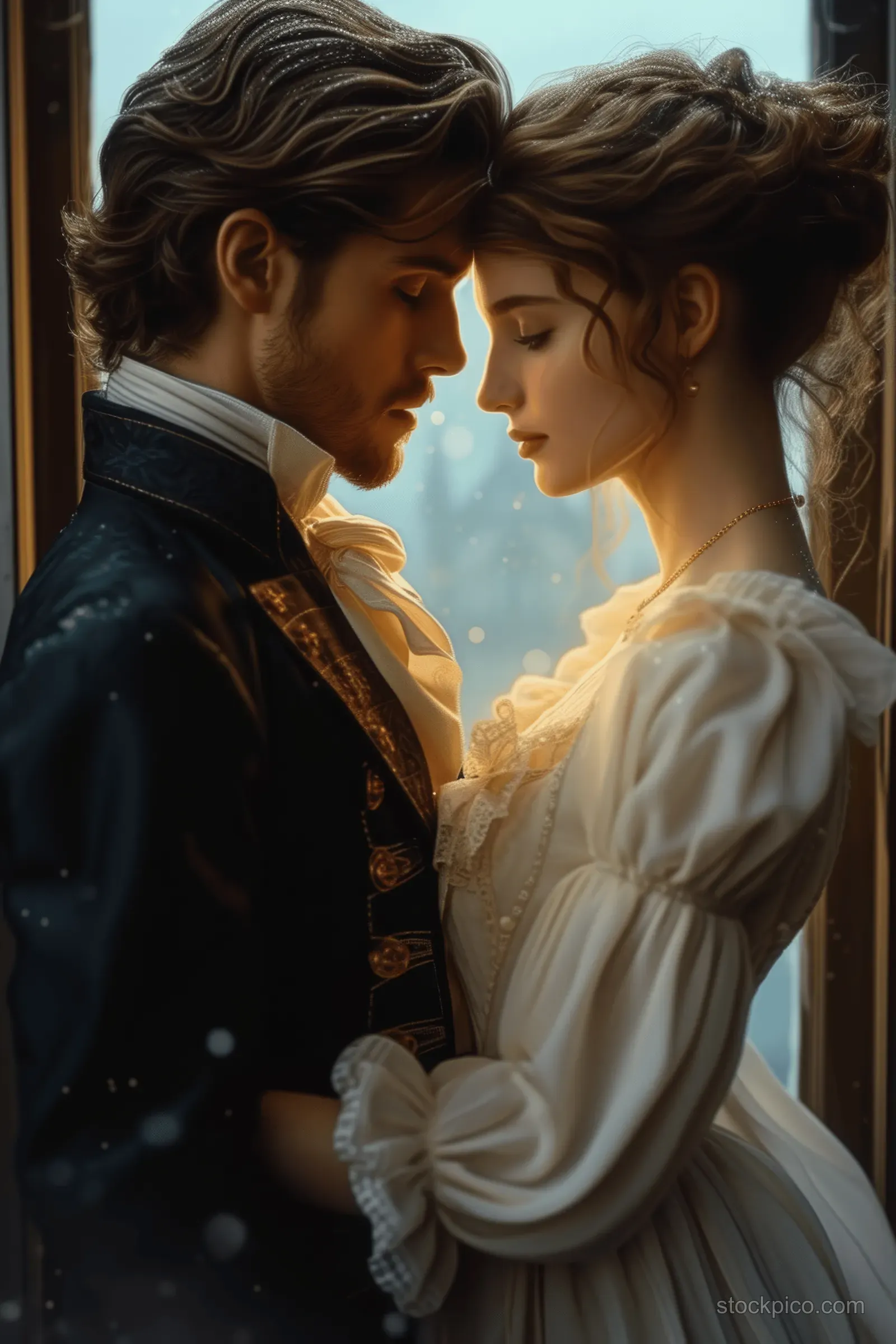Victorian couple embraces by a window in warm backlight with glowing city lights outside.
