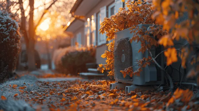 Air source heat pump beside house terrace in autumn golden light with Eco Friendly Design