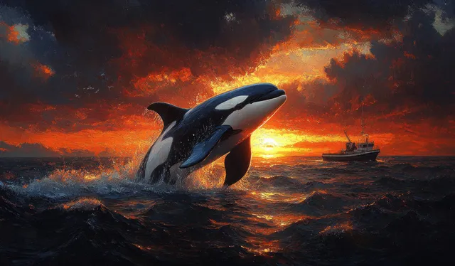 An orca breaches ocean water at sunset over a fjord with winter scenery and a distant boat.