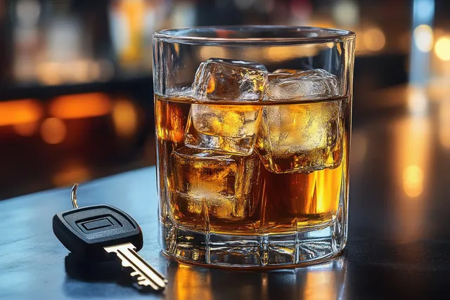 Amber whiskey with ice cubes sits beside a car key on a table in a dimly lit bar.