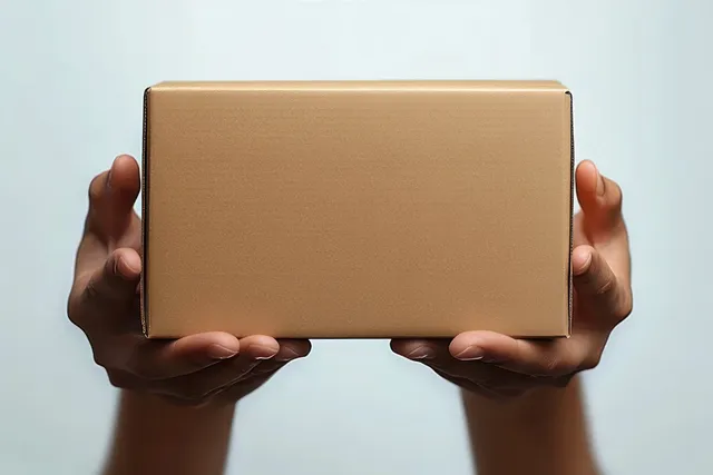 A person holds a plain unbranded cardboard shipping box with both hands against a neutral background.