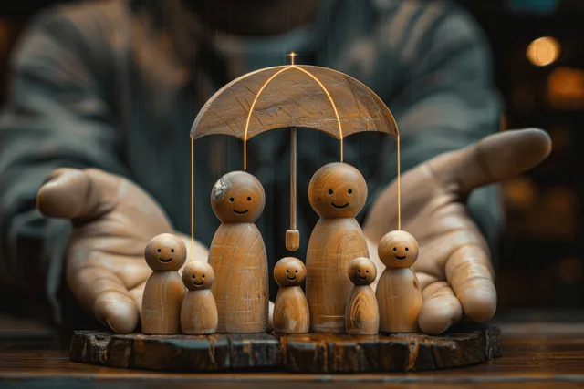 A businessman’s hands hold a glowing shield over a wooden family model on a desk.