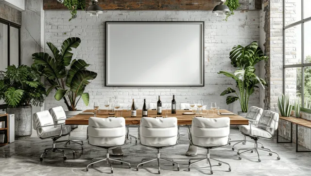 Conference room with white brick wall, wooden table, and swiveling office chairs facing screen