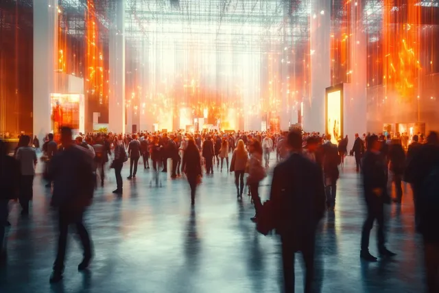 Blurred crowd walking through modern indoor atrium with glass ceiling and glowing light pillars