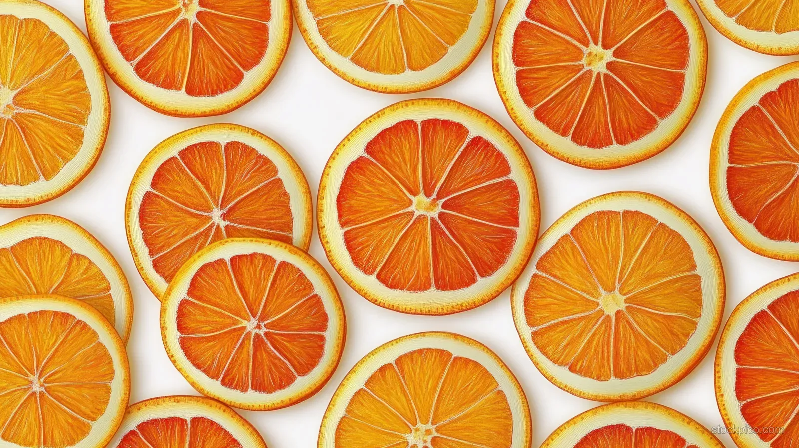 Close-up of orange and yellow citrus fruit slices arranged in rows on a white background.