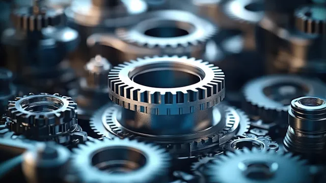 Close-up of interlocking shiny metal gears with detailed teeth in cool blue lighting