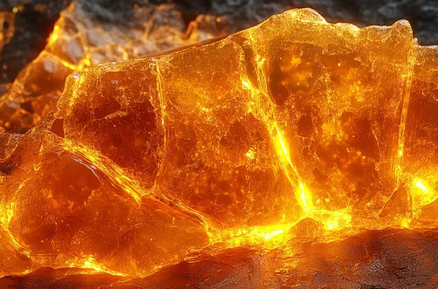 Glowing amber-like crystal slab with cracks, golden light streaming through on dark rough stone