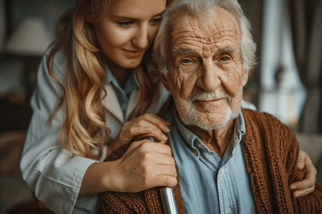A nurse gently assists an elderly man with a cane in a warm, home care setting, showcasing compassionate support.