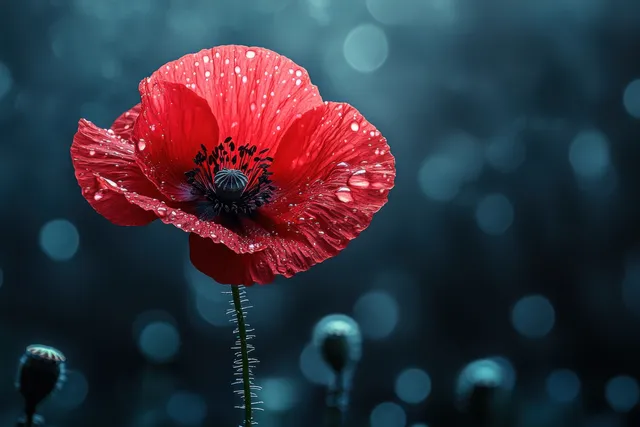 A red poppy flower rises from darkness with soft blue bokeh lights behind it.