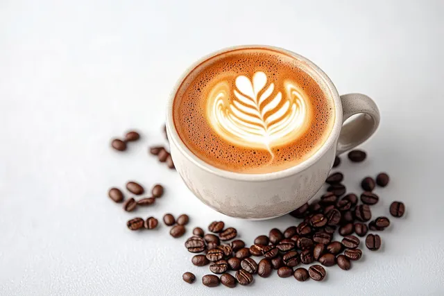 Close-up latte art coffee cup with swirling foam and scattered beans on white surface