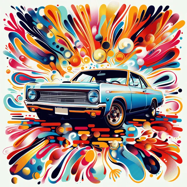 Retro car illustration on a white background with neon psychedelic bursts and surreal geometric patterns.