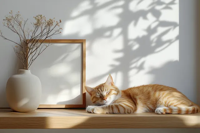 A ginger tabby cat sleeps on a wooden ledge near a white vase of dried flowers and an empty picture frame.