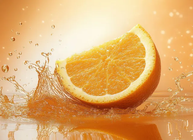 Orange slice splashing into clear liquid with droplets and ripples against a bright orange background.