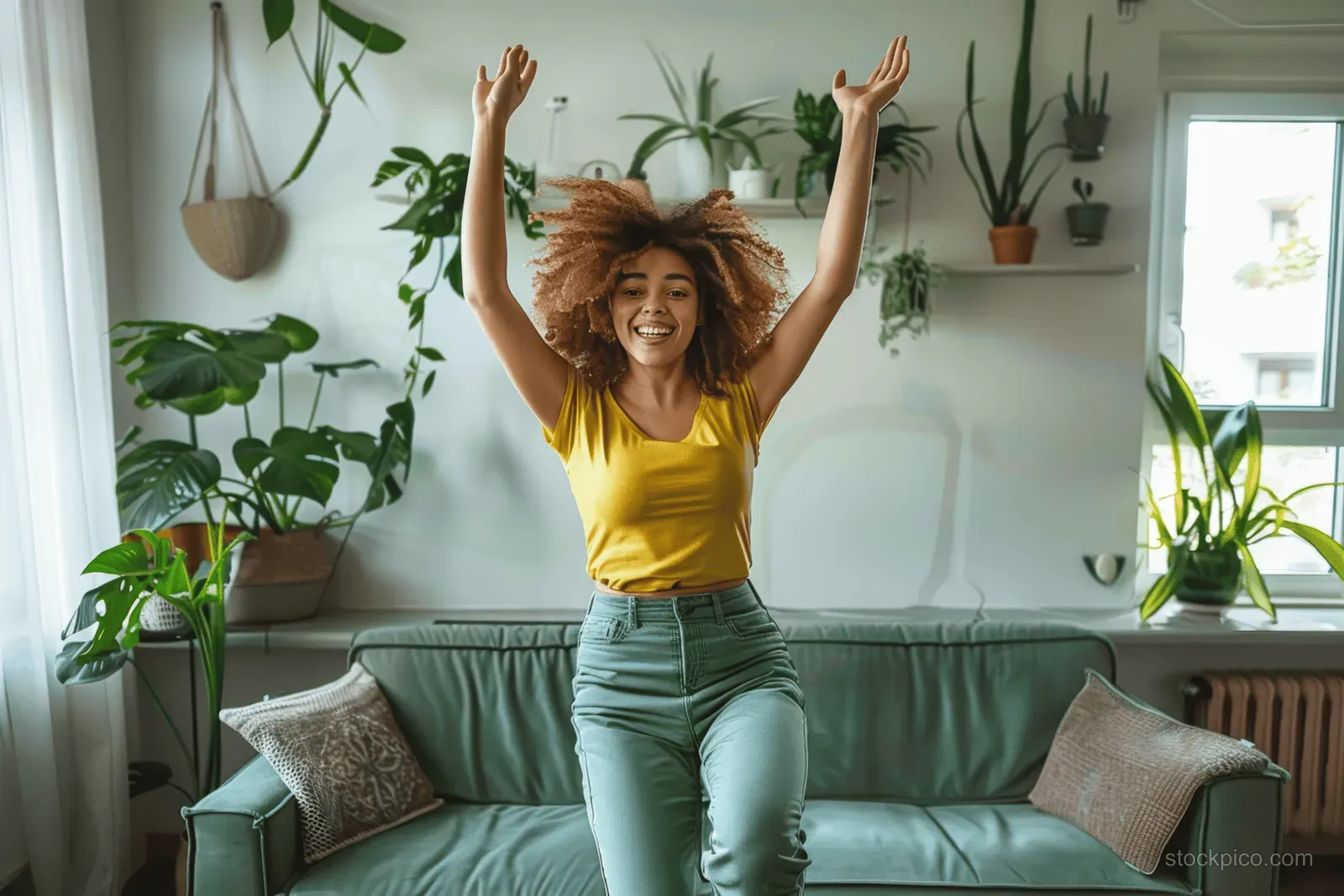 Joyful woman jumps on a sofa with arms raised in a plant-filled bright living room.