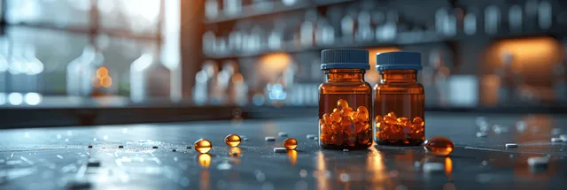 Medicine bottles and scattered pills on lab table with blurred research background