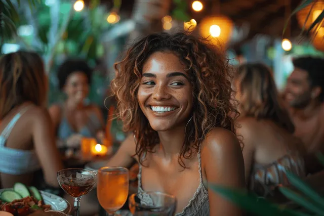 A cheerful group of friends laughs together over dinner in a beautifully lit outdoor garden restaurant at night.