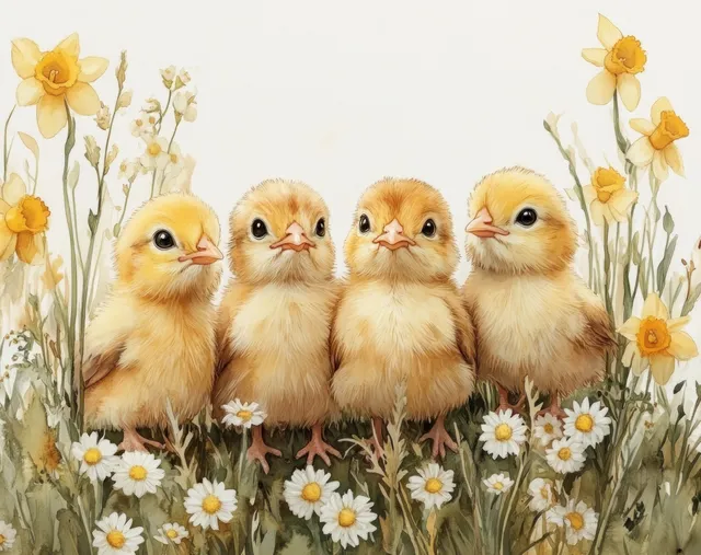 Four fluffy yellow Easter chicks perch among daffodils and daisies on a white background.