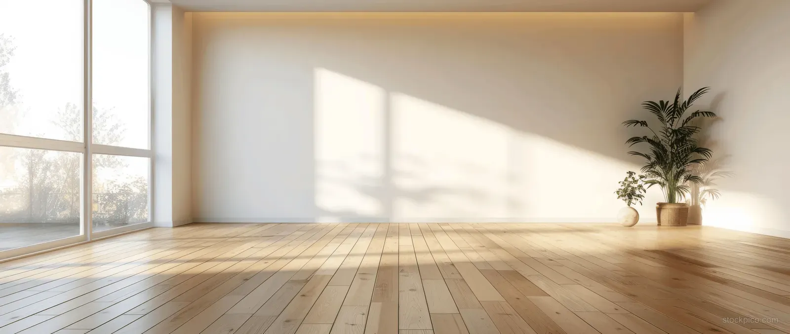 Sunlit empty minimalist room with a large window, light wood floor, white walls, and a small potted plant.