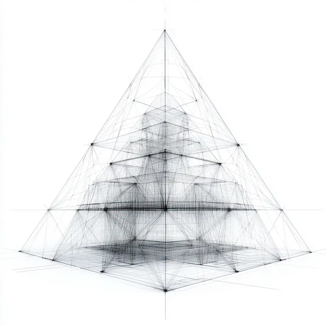 Wireframe pyramid formed by intersecting lines and nodes with semi-transparent layered planes on a white background.