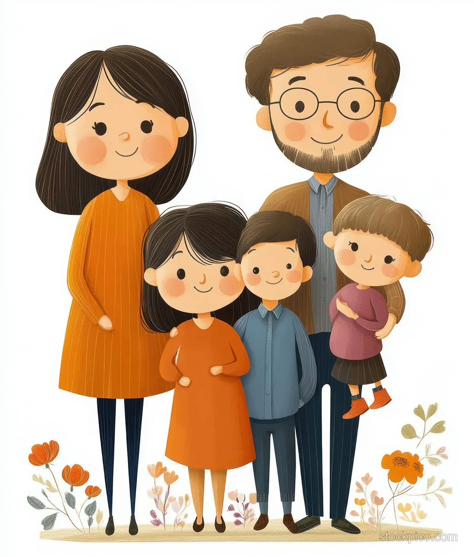 Illustrated three-generation family portrait with smiling adults and children standing together among small flowers.