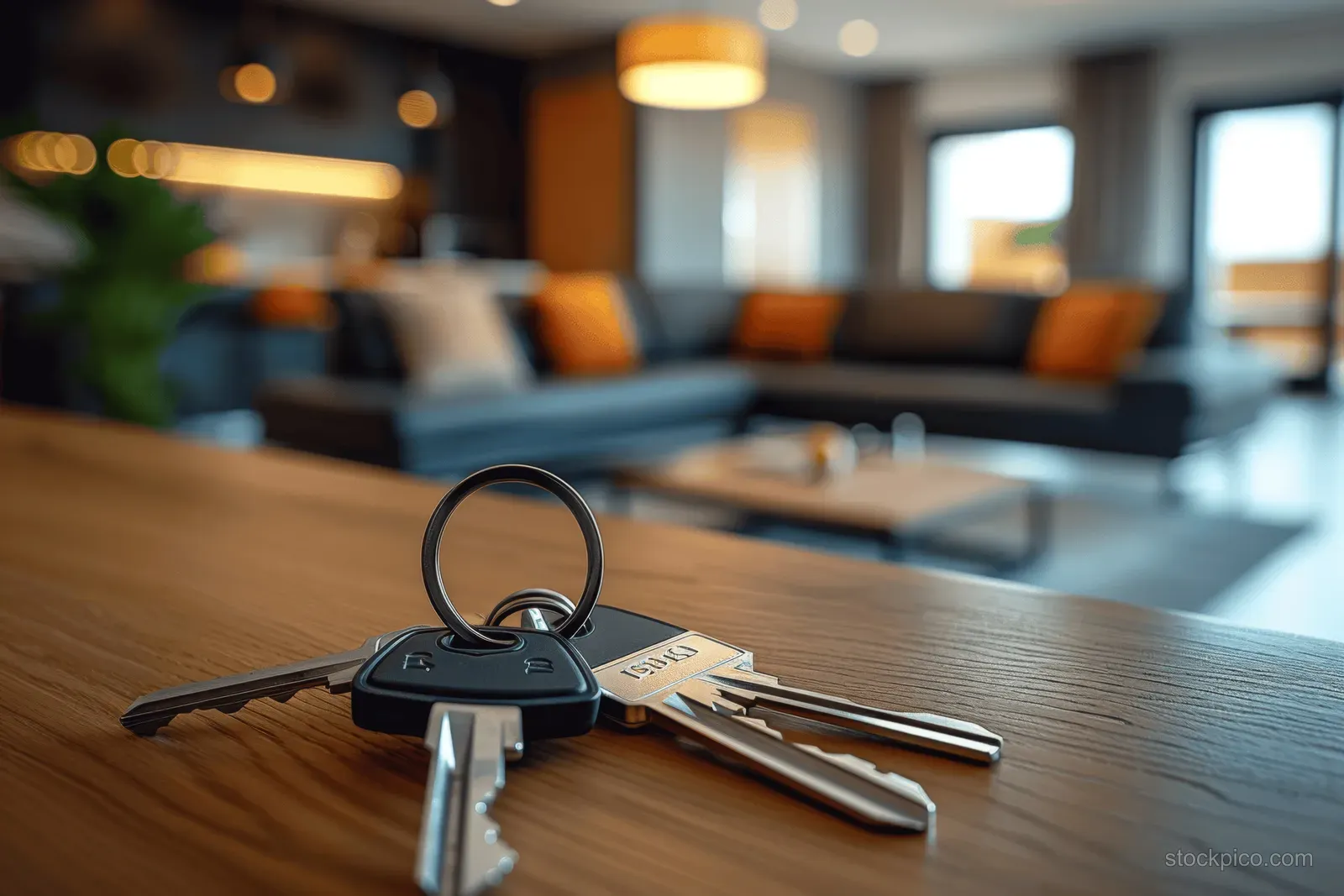 House keys lie on a wooden table while a modern living room is softly blurred in the background.