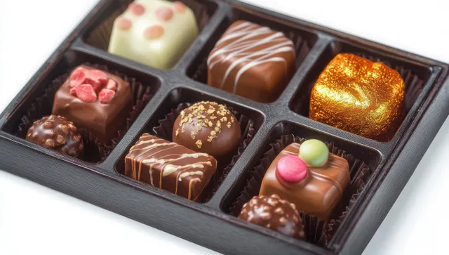 An open gift box of assorted chocolate truffles and confections with glossy, decorated tops.
