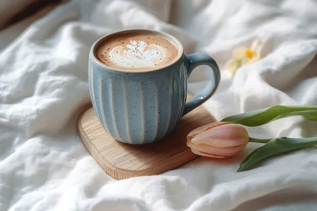 Blue ceramic mug of latte with tulip on a wooden coaster over soft white fabric