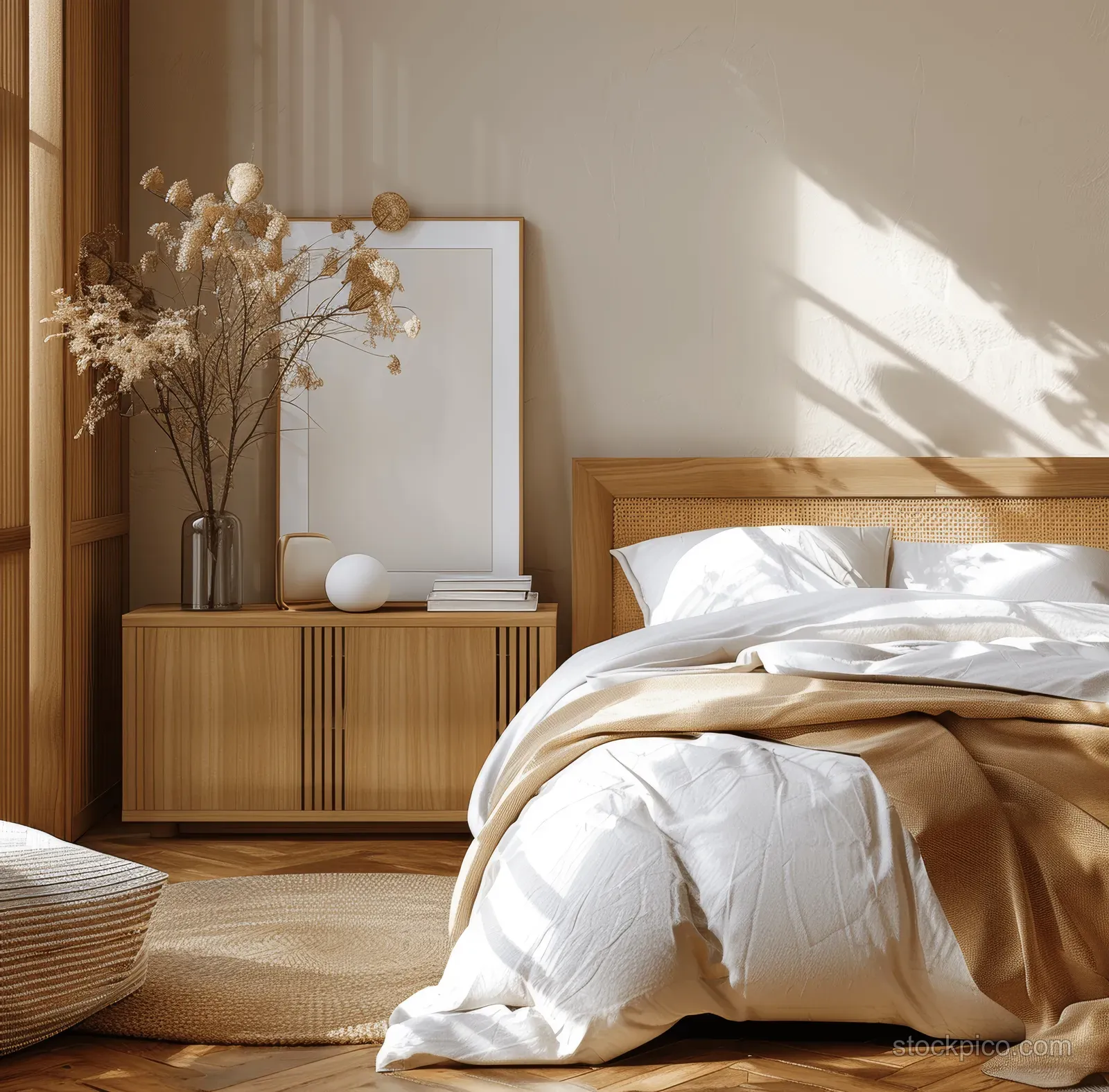 Wooden bed with neutral bedding and a blank poster frame beside a side cabinet in warm sunlight.