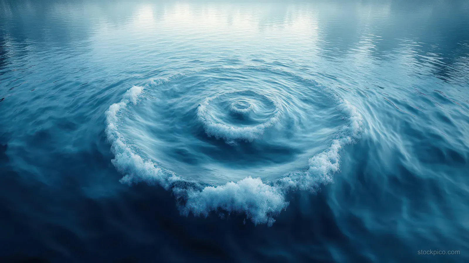 Concentric ripples spiral into a whirlpool on a calm blue ocean surface under soft natural light.