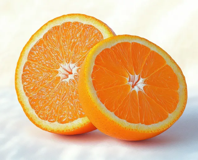 Two halved oranges on a white background showing bright juicy segments and textured pulp.