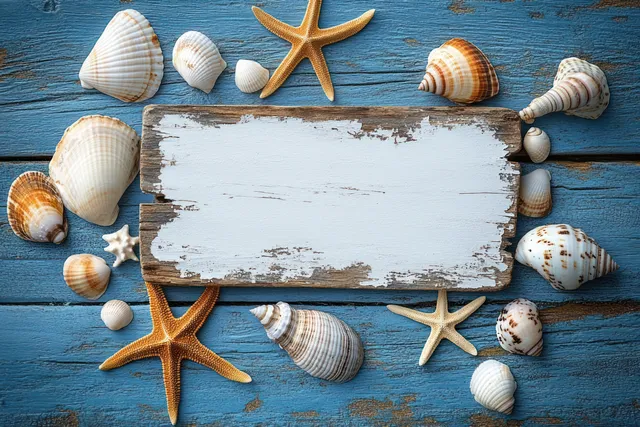 Seashells and starfish surround a blank white sign on blue weathered wooden planks.