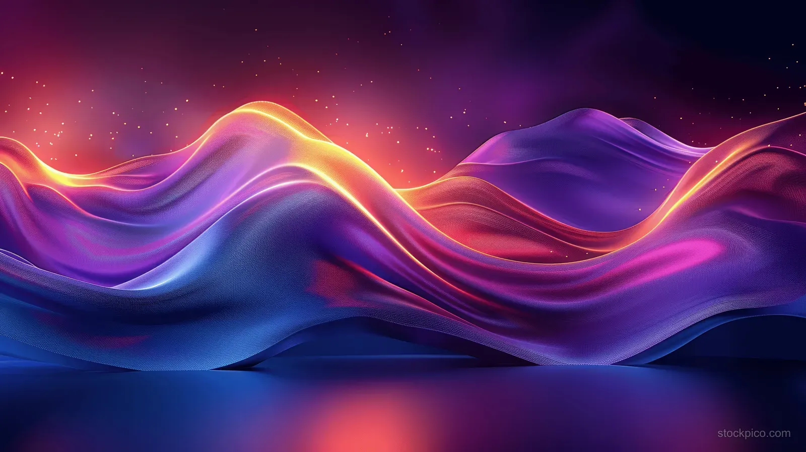 Neon purple and pink wavy ribbons undulate across a dark gradient background with glowing light trails.