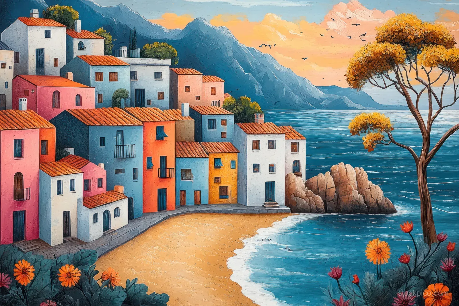 Aerial view of a colorful coastal town with red-roofed buildings, sandy shore, and blue ocean at sunset.
