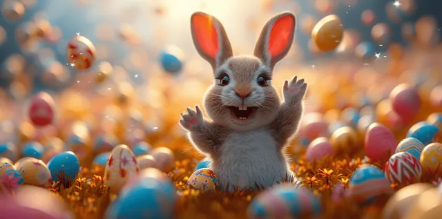 White bunny leaps upward among colorful Easter eggs in a bright festive spring scene