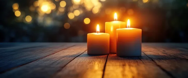 Candles glow on a wooden table at night, with warm light and blurred golden bokeh behind them.