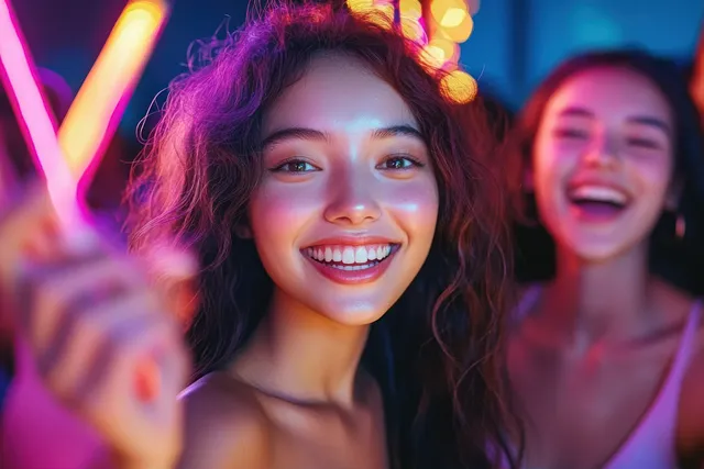 Two young women laugh together under vivid neon lights in a crowded nightlife street