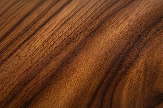 Polished walnut wood surface with swirling natural grain patterns in warm brown tones.