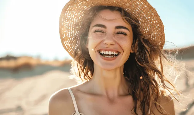 Laughing woman in straw hat enjoying sunny beach day with natural light