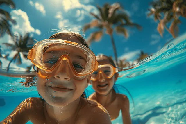 Children snorkeling underwater in clear tropical ocean, palm trees above, smiling through goggles